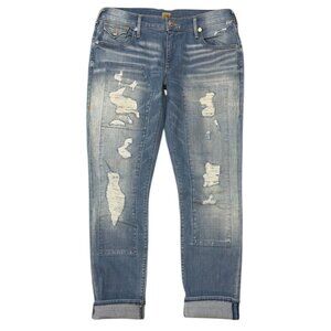 True Religion Audrey Slim Boyfriend Jeans Size 26 Distressed Blue Stretch Denim